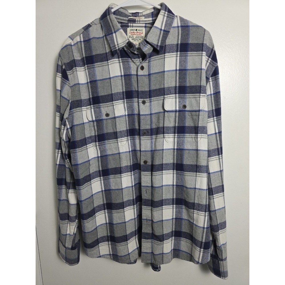 Lucky Brand Flannel Shirt Mens Classic Fit Blue Plaid Long Sleeve-Large